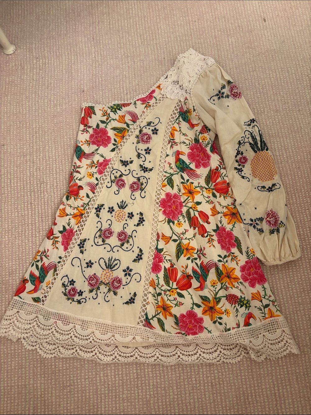 FARM Rio Cream One-Shoulder Floral Lace Hem Top with Pink & Orange Blooms